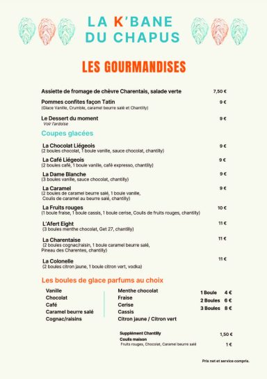 La carte des desserts du restaurant la K'bane du Chapus