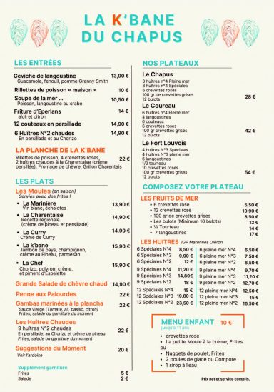 Entrées et plats du restaurant la k'bane du Chapus.